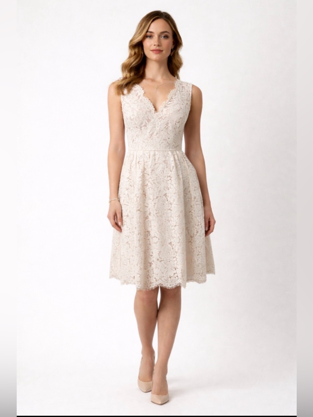 Lulus Ivory Lace A-Line Knee Length Dress S V-Neck Sleeveless Feminine Romantic